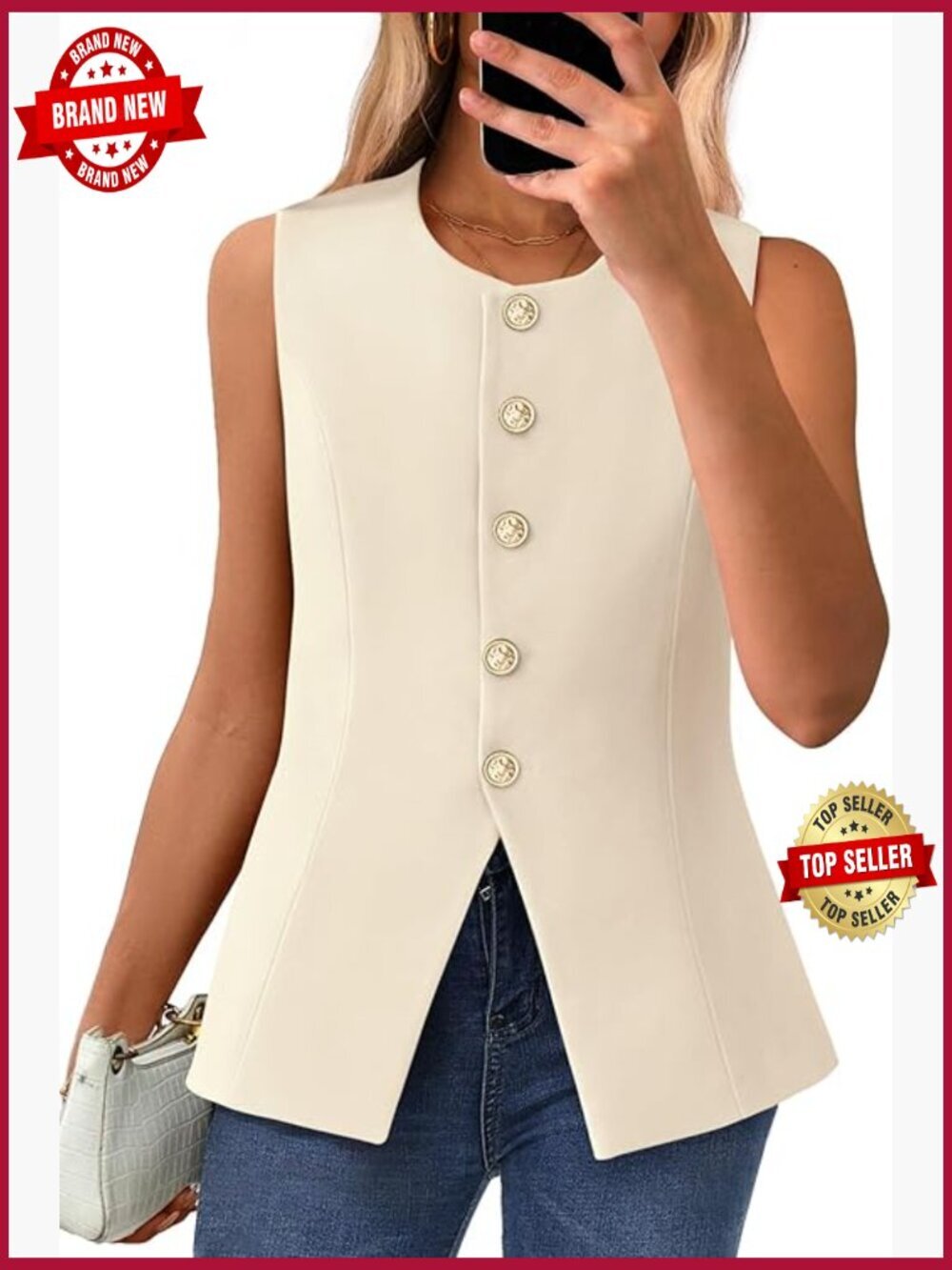 Sleeveless Blazer Vest Top - Button Down Waistcoat for Work & Casual
